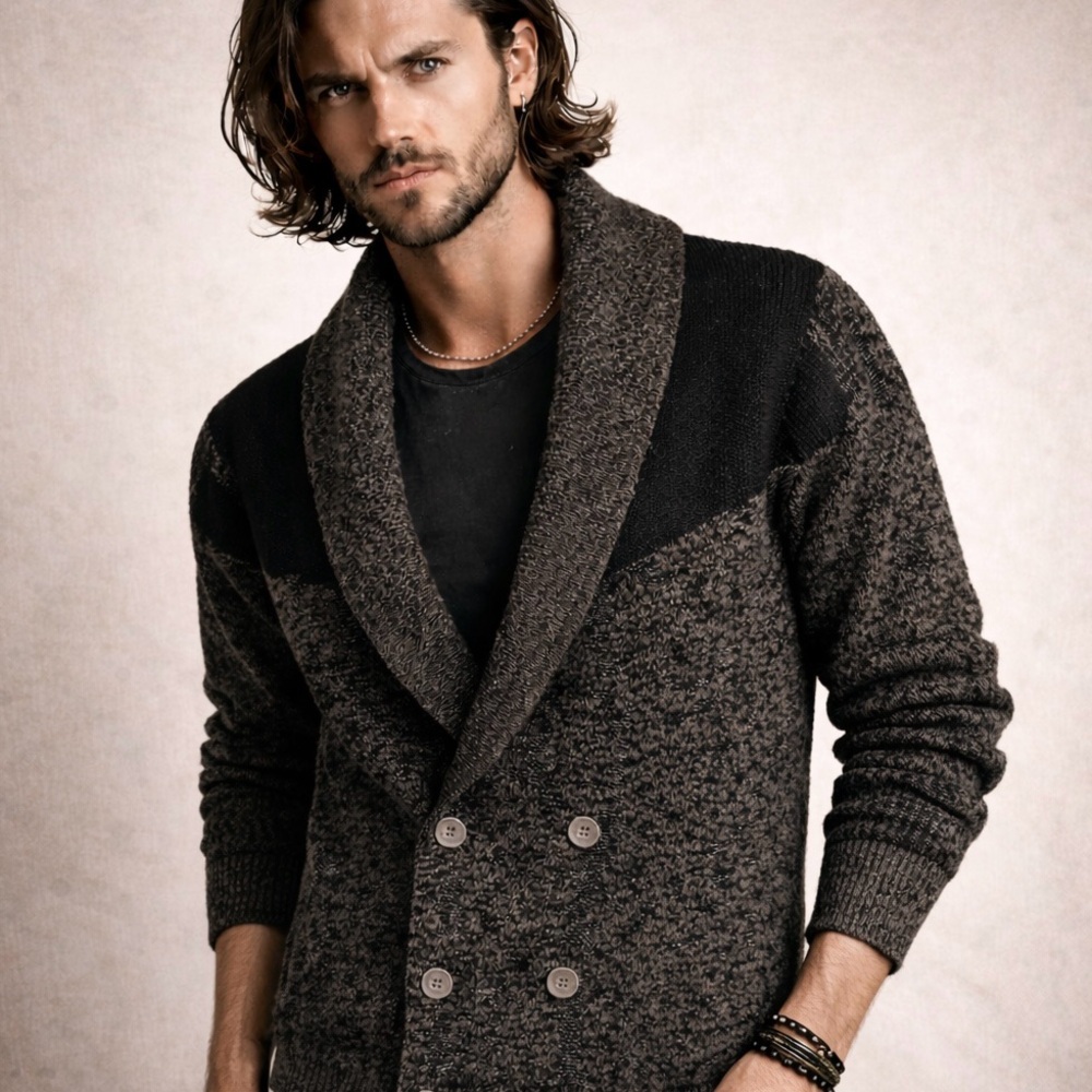 Vintage 80s Shawl Collar Double-Breasted Cardigan Grunge Kurt Cobain Oversized L